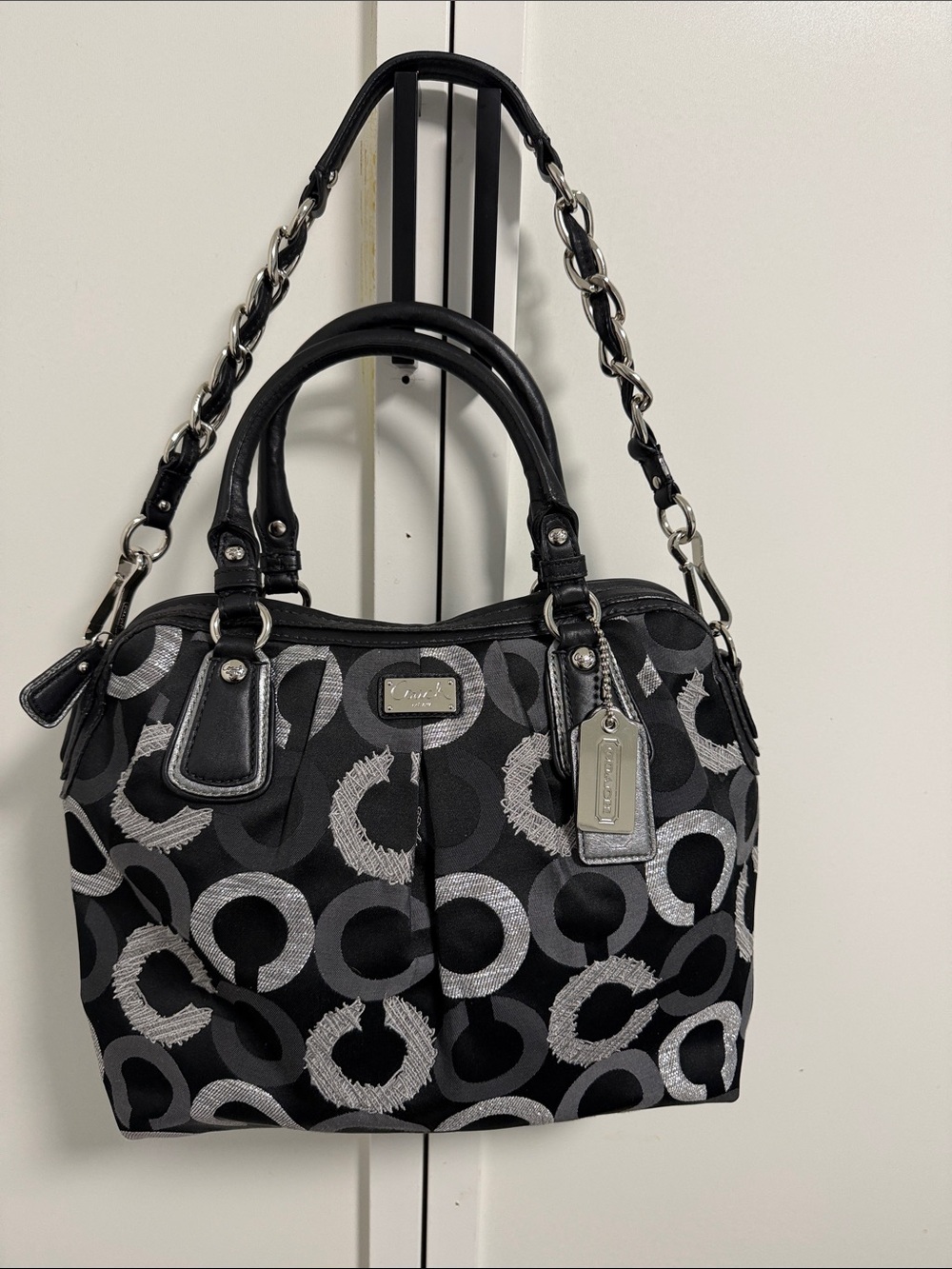 Coach Black & Silver Signature Circle Satchel with Chain-Detail Strap vintage